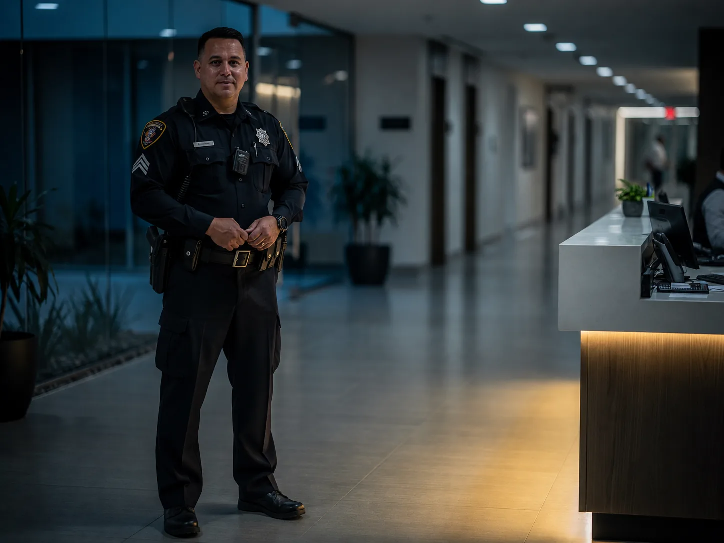 Uniformed security officer walking an interior corridor on a property patrol