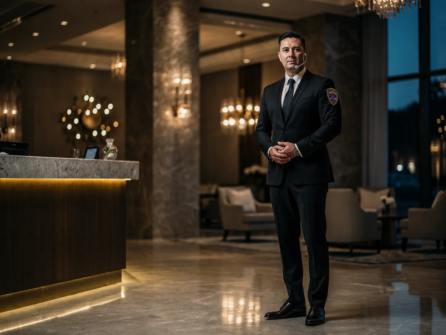 Hotel security officer on a lobby post at a hospitality property