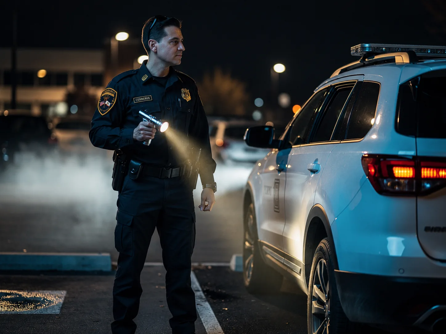 Mobile patrol vehicle checking a commercial property at night