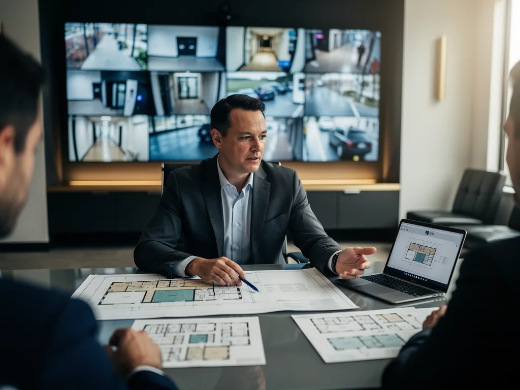 Security consultant reviewing a coverage plan for a commercial property