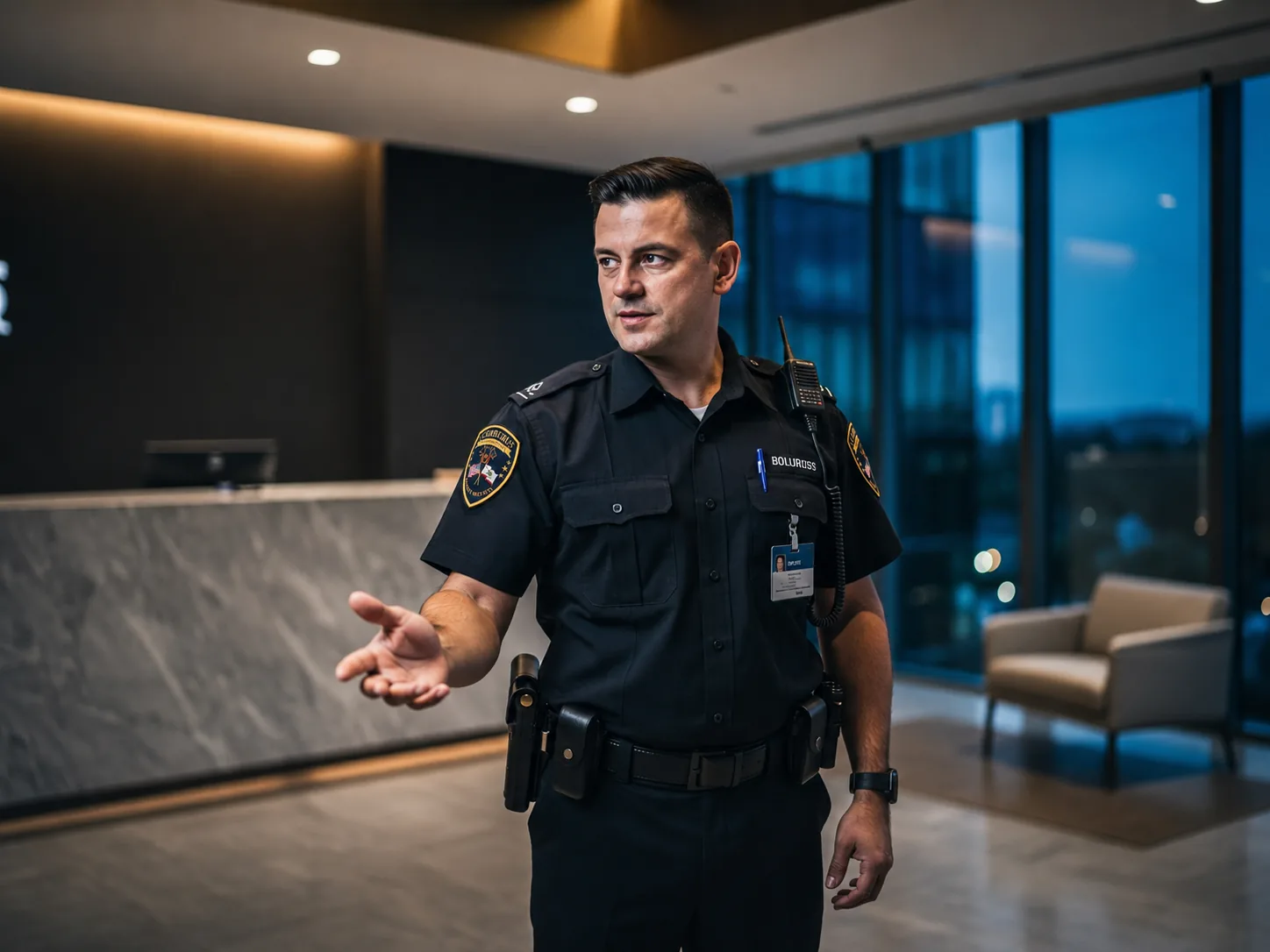 Unarmed security officer at a commercial property entrance